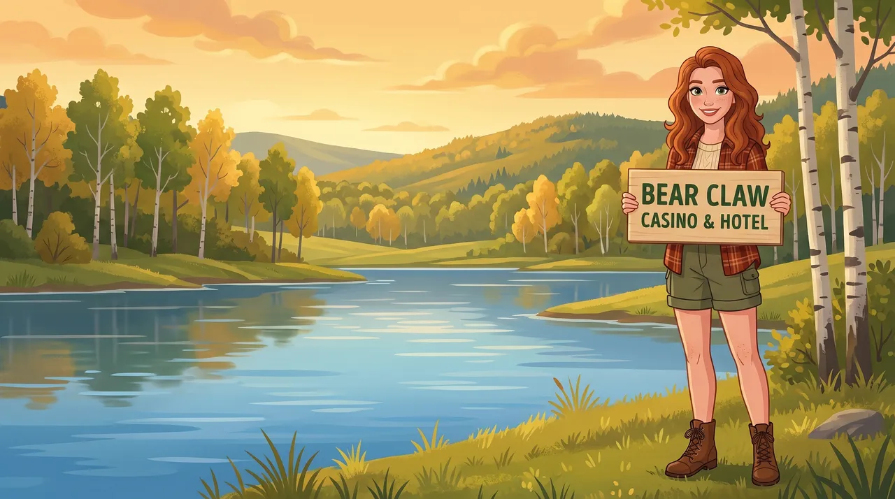 An illustrated young woman with long auburn hair, a plaid shirt and olive shorts stands on a grassy lake shore among aspen and birch hills at golden hour, holding a wooden sign that reads Bear Claw Casino & Hotel